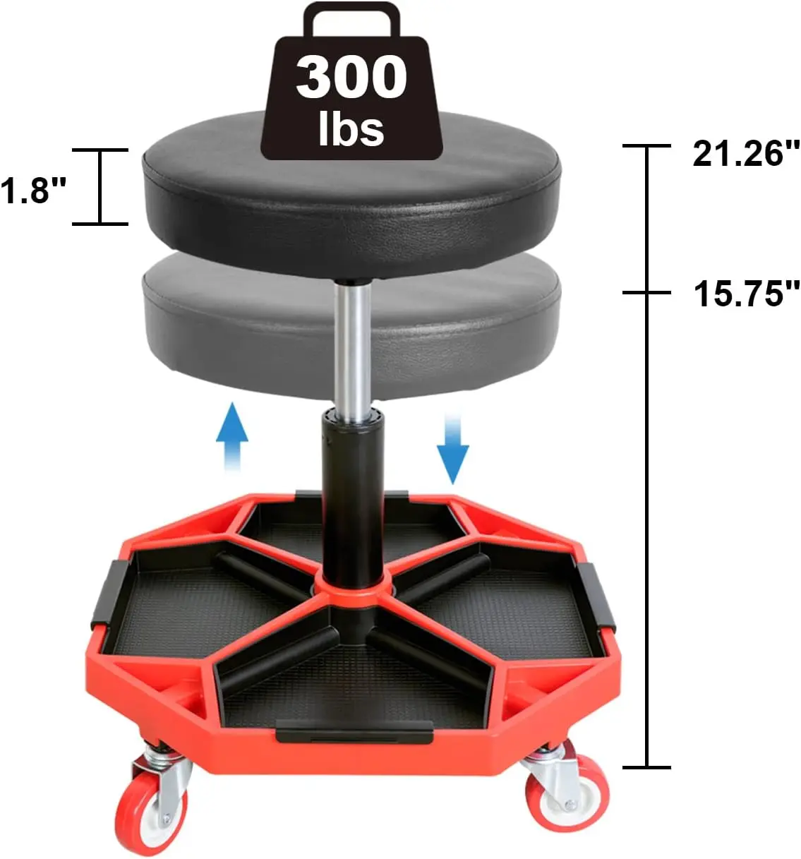 Adjustable Height Pneumatic Rolling Shop Creeper Seat with 4 Removable Tool Trays, 300 lb Capacity