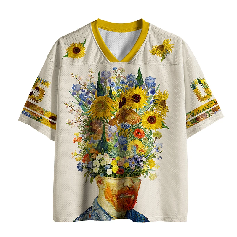 Men Women Van Gogh Sunflower Self‑Portrait Football Jersey Art Floral Vase Print V‑Neck Number 05 Short Sleeve Sports Tee Top