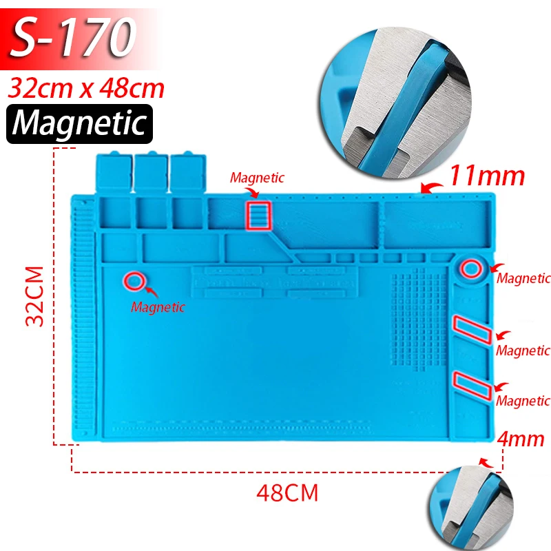Lötstation-Matte Silikon-Arbeitsmatte Hitzebeständig 932 ° F Antistatische Magnetmatte für Elektronik, Handy, Laptop und Uhrenreparatur
