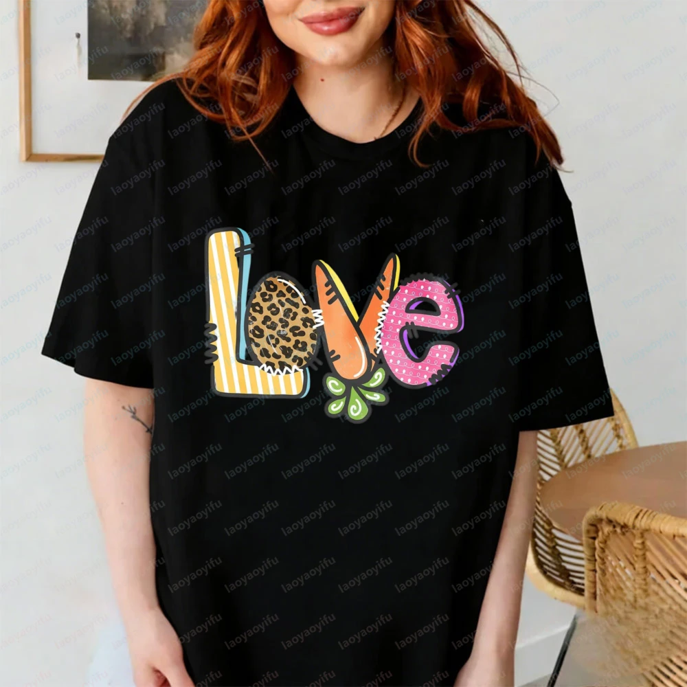 

With A Playful Easter "Love" Print Featuring Leopard Carrot and Whimsical Designs Soft for Casual Spring and Holiday Wear Tops
