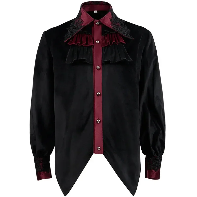 Medieval Pirate Shirt Men's Vampire Costume Steampunk Victorian Velvet Pleated Lace Shirts Court Stage Theatre Show Blouse Top