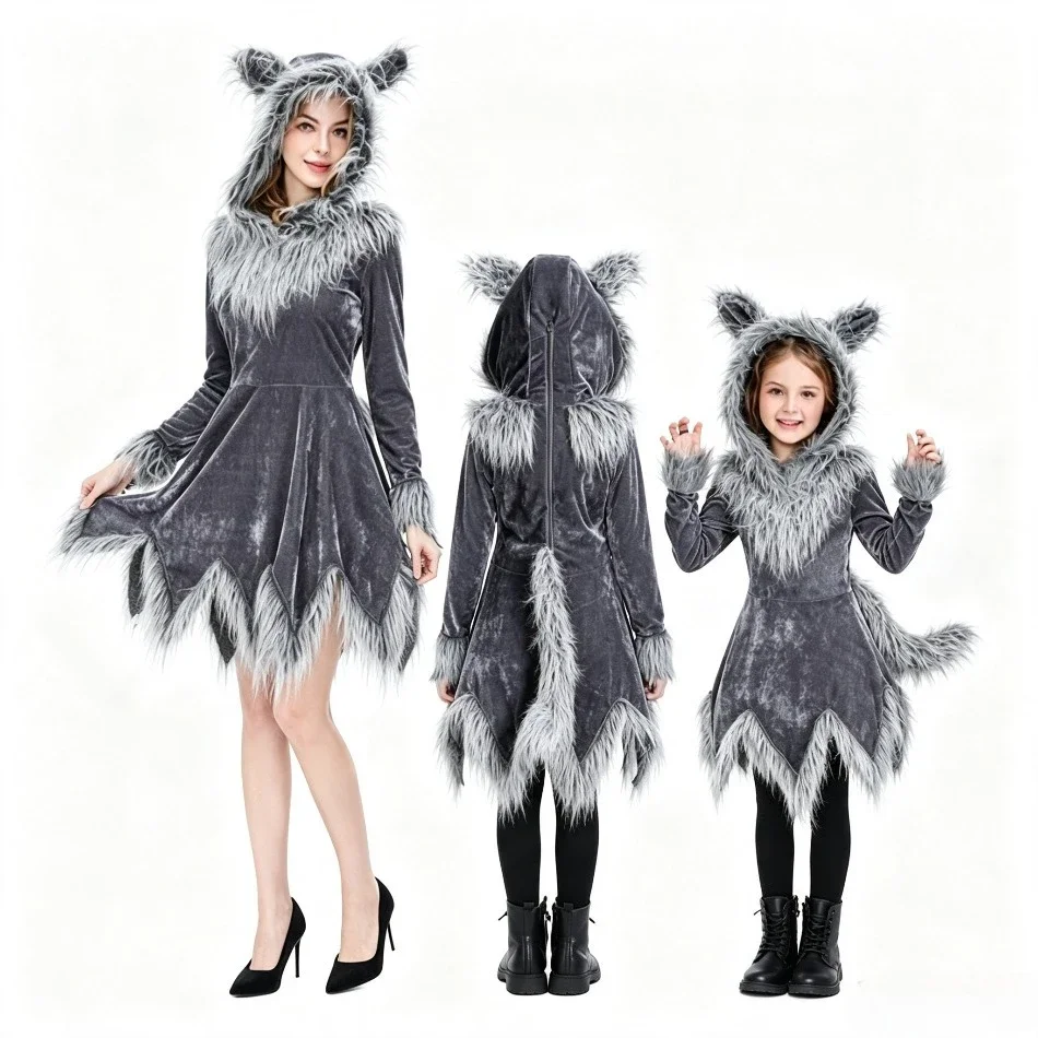 Parent-child Halloween Grey Wolf Costume Hooded Long Sleeve Dress Family Matching Women Kids Carnival Animal Dress Up Cloth PS66