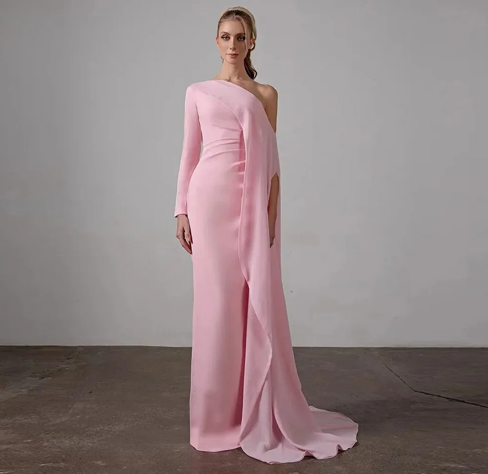 

Sexy Pink Evening Formal Dress One Shoulder Cape Long Sleeves Chiffon Prom Pageant Party Gowns Robe De Soiree