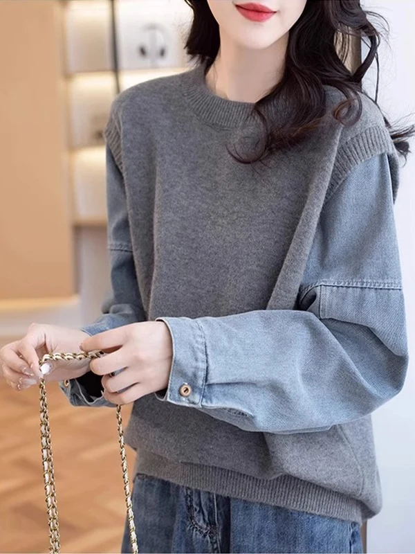 

Fashionable Korean Style Knitted Top with Denim Sleeve Patchwork False Two-Piece Design for Women Elegant Commute Wear