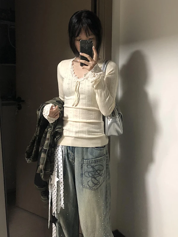 กางเกงยีนส์ทรงตรงขากว้างเอวสูงปักลายสไตล์อเมริกันย้อนยุคสำหรับผู้หญิง  คอลเลคชั่นฤดูใบไม้ร่วงและฤดูหนาว รุ่นใหม่ Sle PmORh Denim