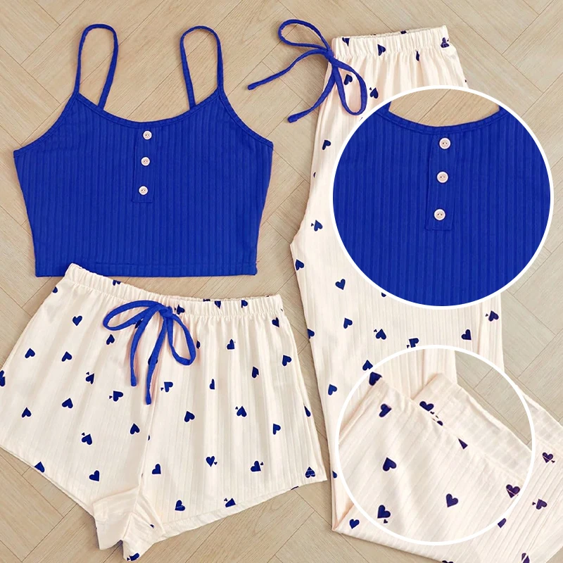 Three Piece Printed Vest Shorts and Bow Drawstring Pants Casual Women\'s Cute Heart-Shaped Print Paired with Home Pajamas Set