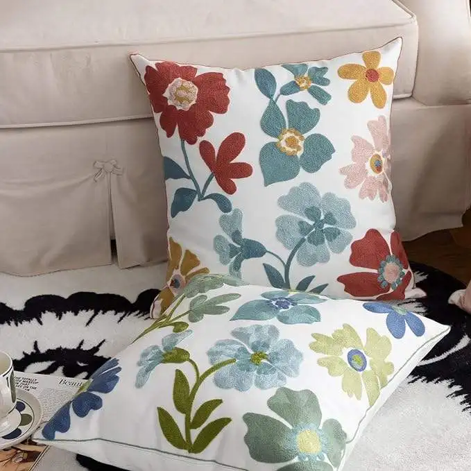 Blumenhandtuch bestickter Kissenbezug, quadratisches Netz, beliebter nordischer Stil, reine Baumwolle, Kissenbezug für Wohnzimmer, Sofa, Kissenbezüge – Detail 2
