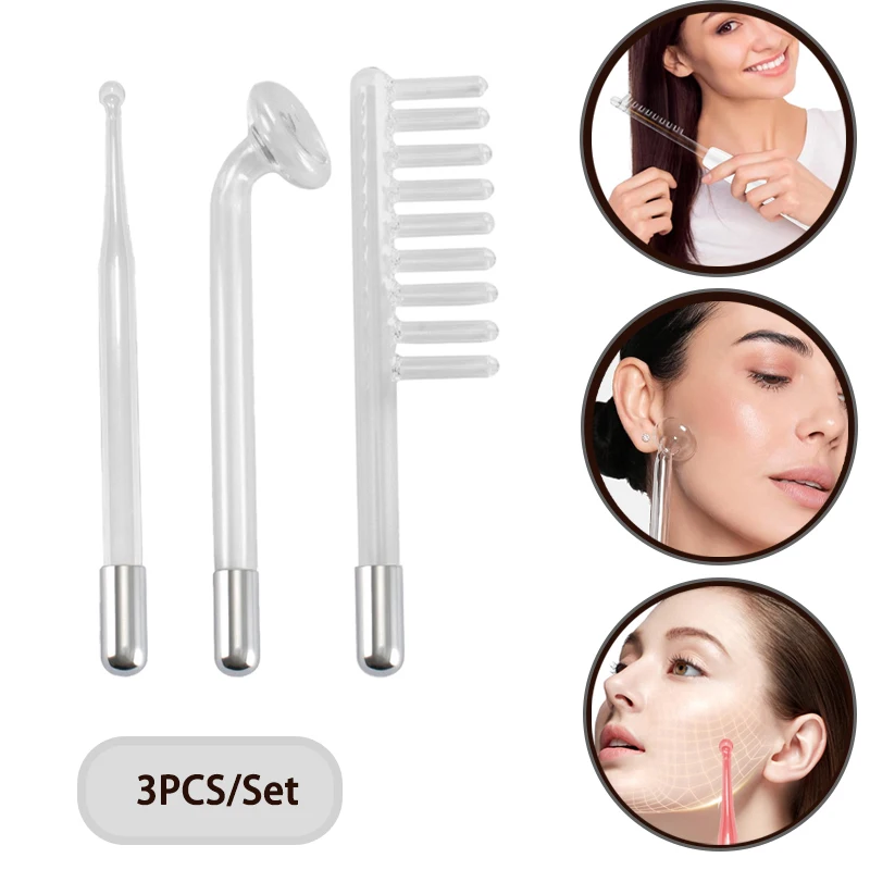 3 unid/set electrodo de alta frecuencia neón argón Gas violeta rayo varita de masaje facial peine de setas para tratamiento de acné facial cuidado de la piel