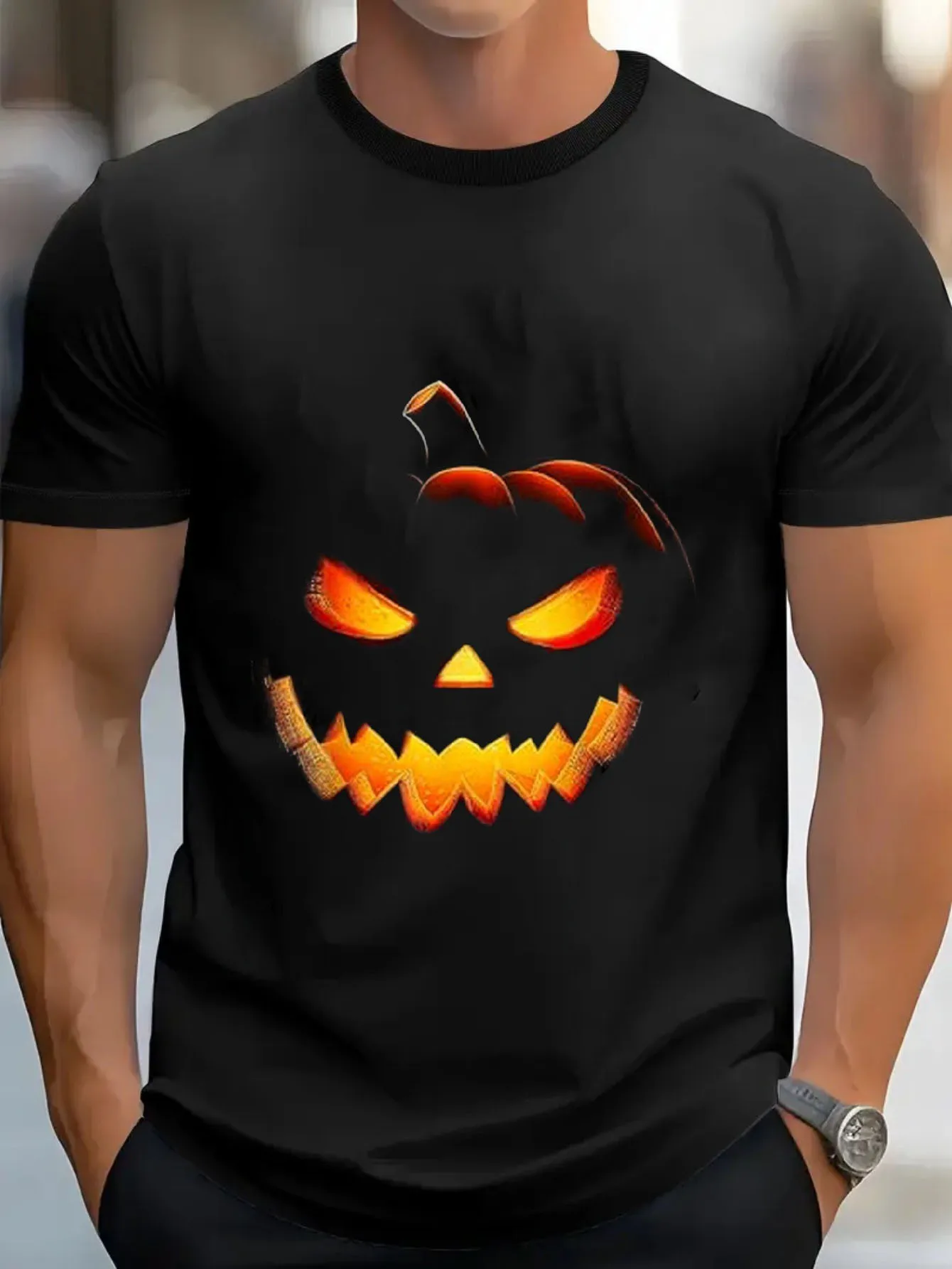 Men's Ghost Lantern Pumpkin Face Pattern T-shirt - Shining Eyes and Sharp Teeth Halloween T-shirt with Orange Shining T-shirt