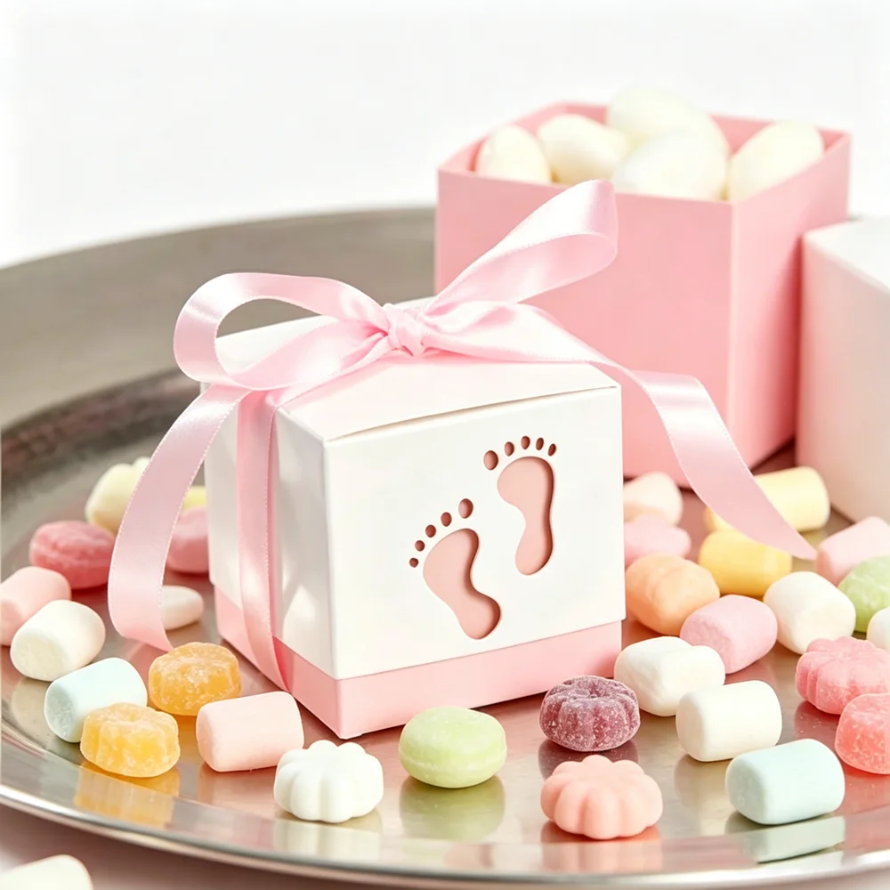 50/100 pçs caixa de doces pé do bebê chuveiro do bebê transporte papel doce saco pegadas festa favor caixas batismo recipiente caixa de presente