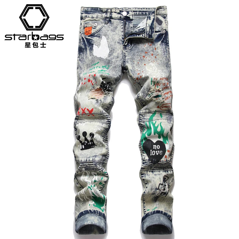 New 2024 fall punk men's jeans Fashion urban ripped print patchwork mid-waist pants