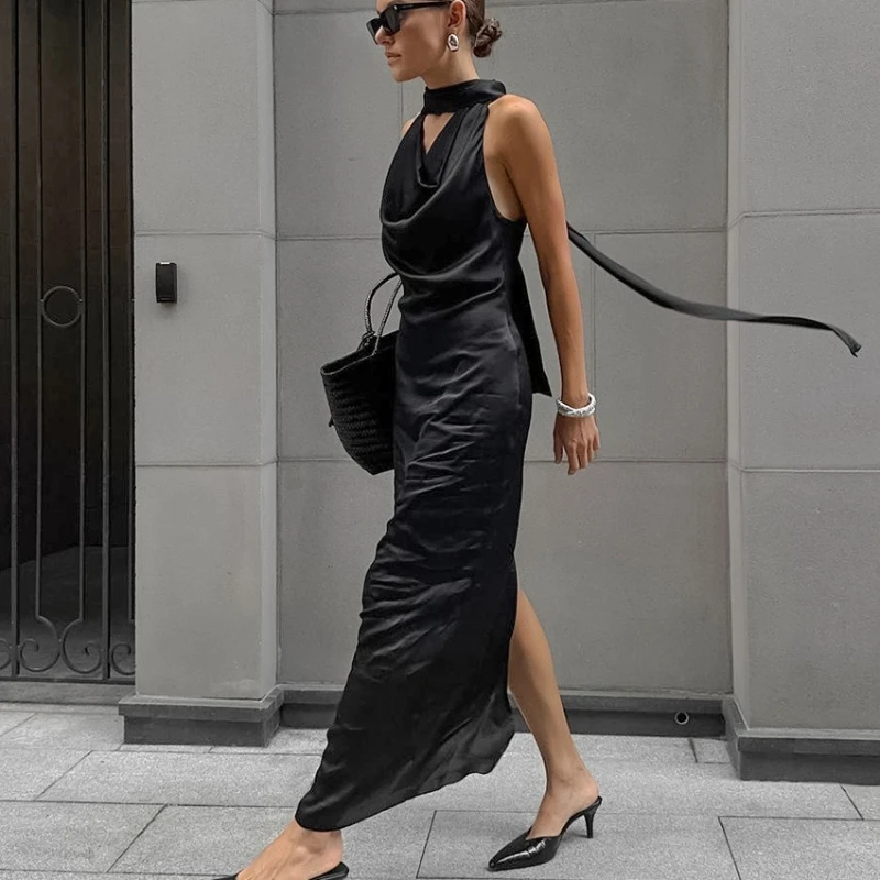 2025 zomer nieuwe stijl hoge kwaliteit hangende nek satijnen heuptas hippe lange jurk vrouwelijk