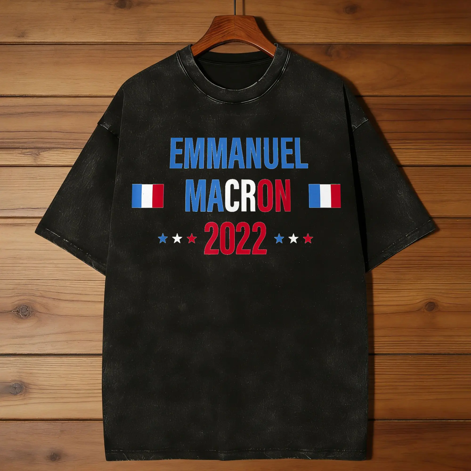 Emmanuel Macron Support president 2022 Washed T Shirt Men  Y2K Retro Cotton T-Shirts Beach Round Neck Loose Plus Size Clothing