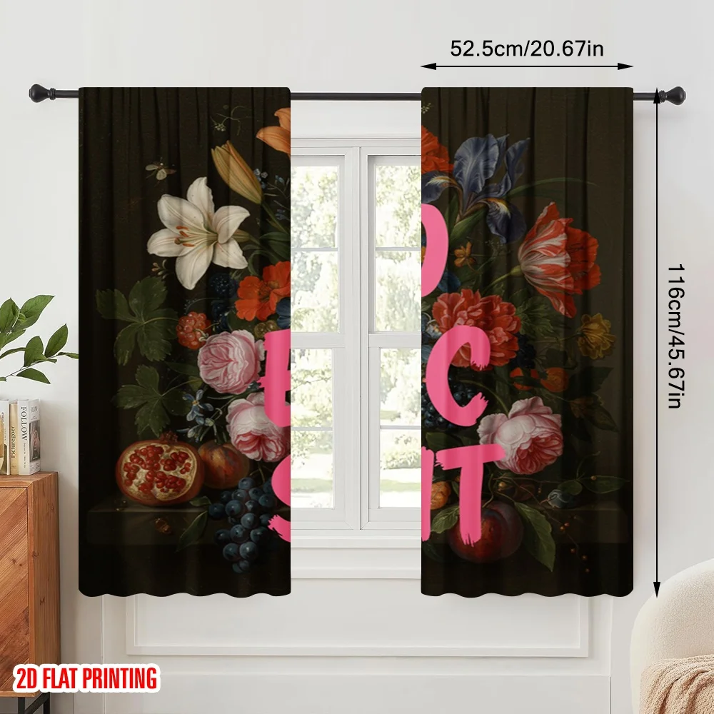 2pcs 2D flat printing Scene Curtain Floral arrangement, bold calligraphy Polyester Without Electricity Festive Wall Decor for