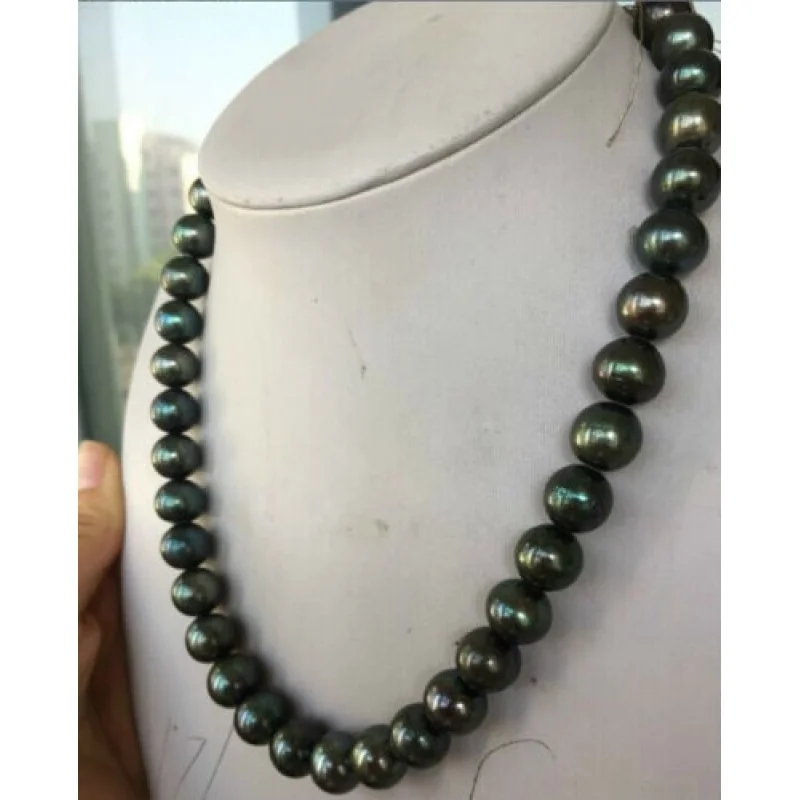 Amazing 10 - 11 mmnatural Tahitian Peacock Green round Pearl Necklace 18inch 14k