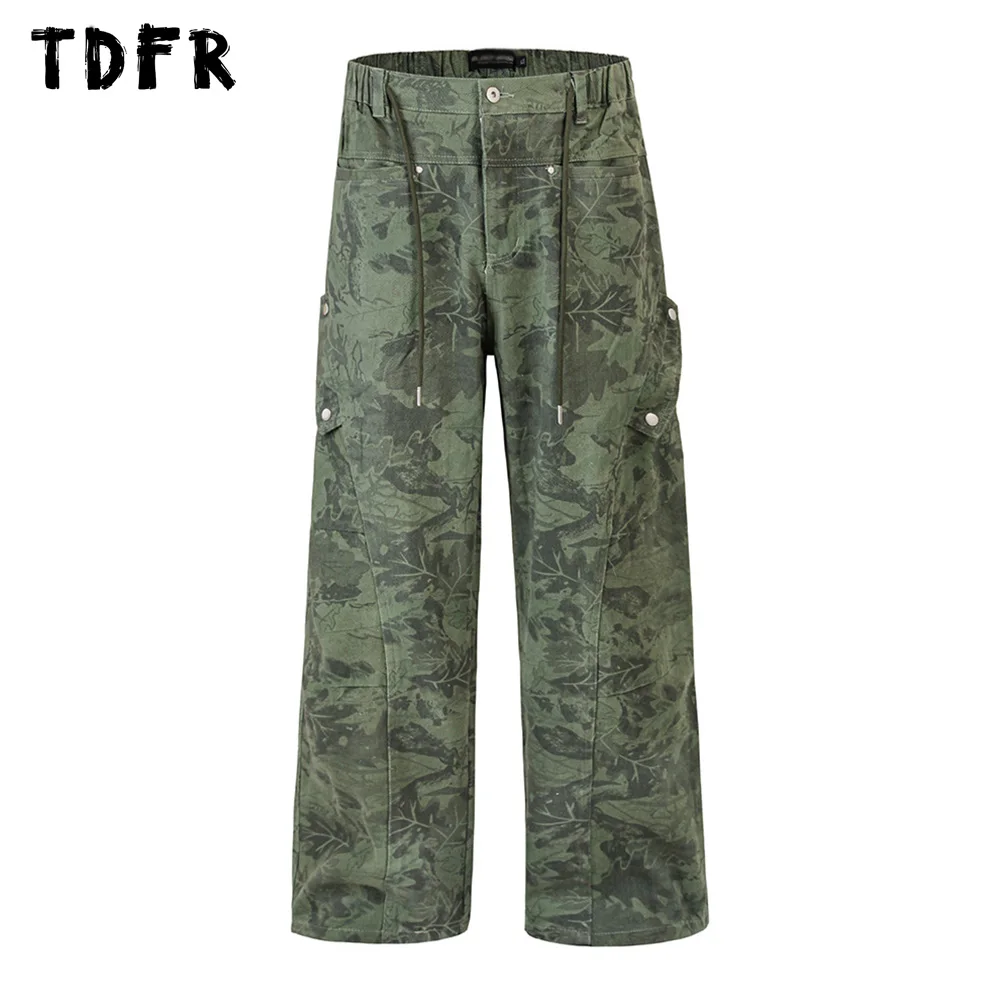 Spliced Leaf Camo Pants Mens Safari Style Loose Wide Leg Elastic Waist Cargo Trousers Men