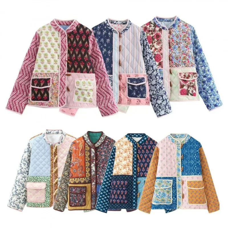 

Женские парки в стиле ретро с цветочным принтом и карманами в стиле пэчворк, зимние теплые пальто с круглым вырезом и цветными блоками, повседневная уличная куртка, женская