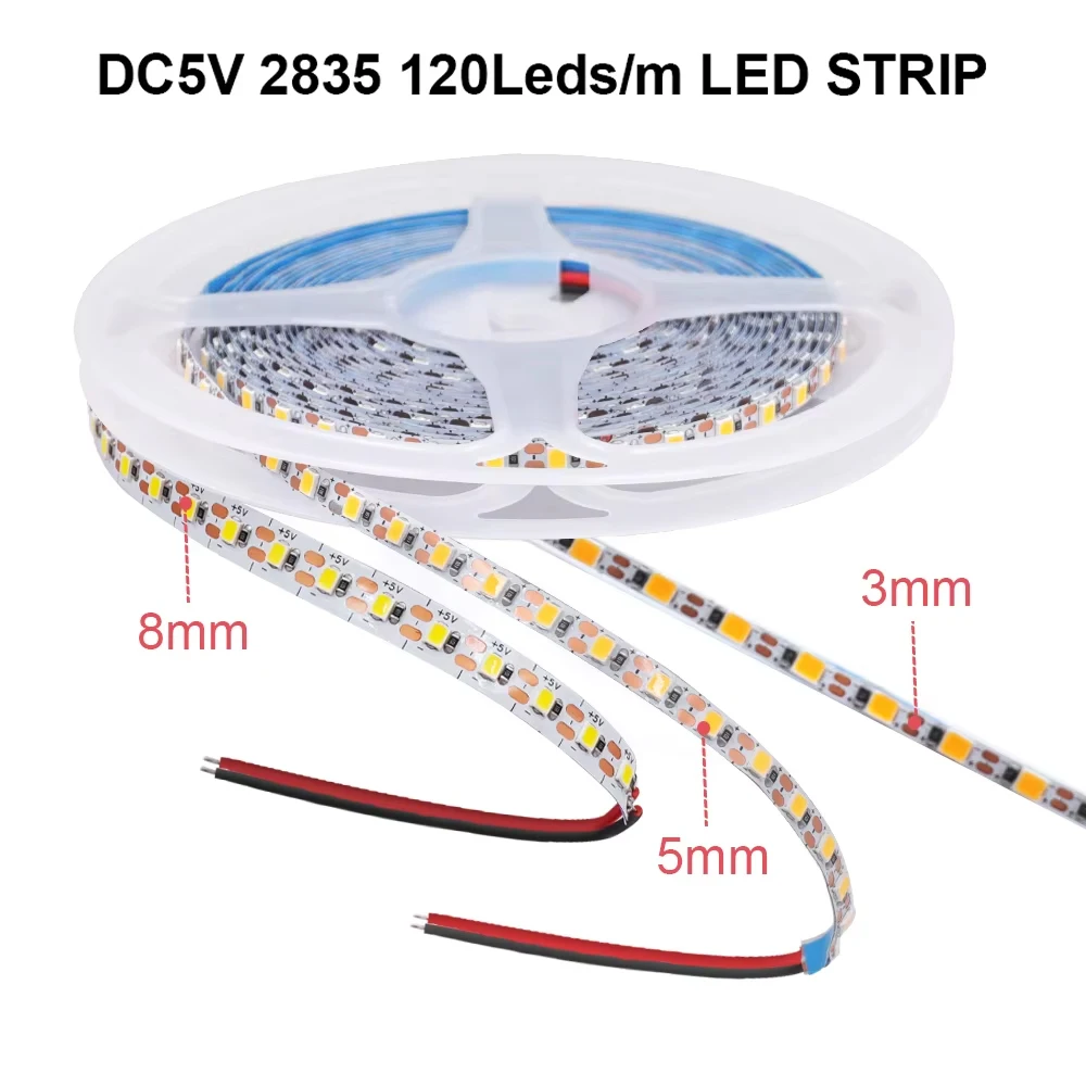 3mm 5mm 8mm LED Strip Light 5V USB/2pin Cable Flexible LED Tape 2835 120Leds/m 1LED Cut LED Ribbon with Shelf Adhesive Backlight