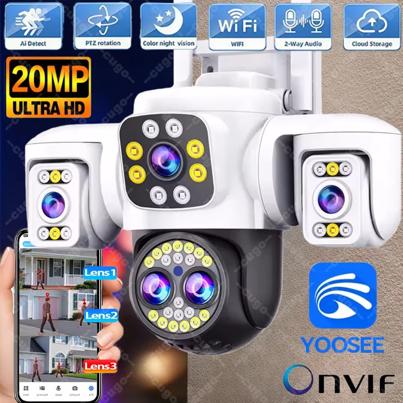 Caméra WiFi de sécurité extérieure 10K à quatre objectifs, triple écran, zoom 10X, 360° °   Caméras de surveillance CCTV Yoosee 20MP
