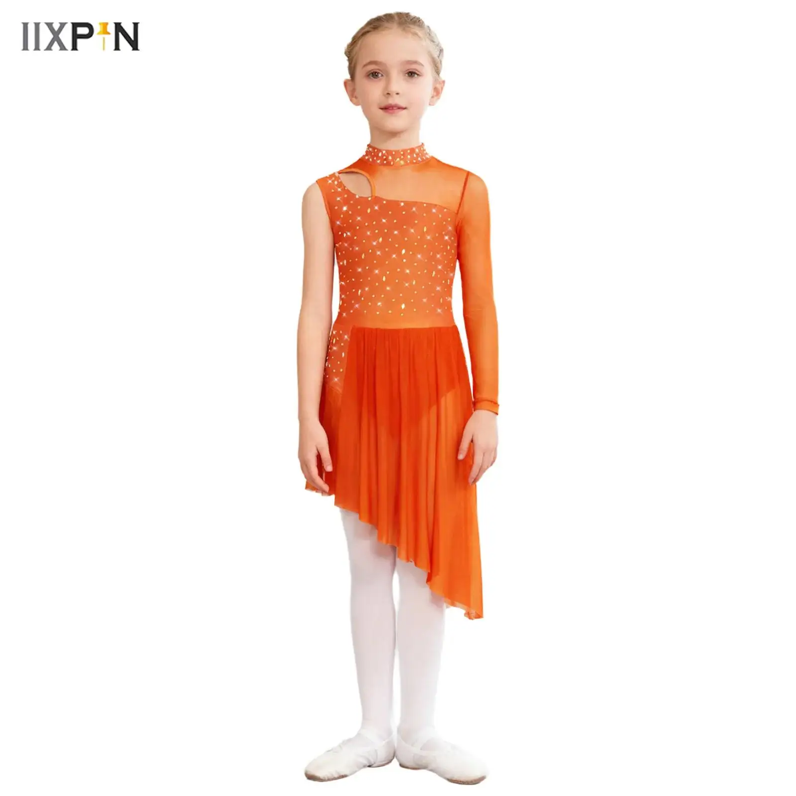 

Kids Girls Asymmetrical Lyrical Dance Dress Mock Neck Cutout Mesh Patchwork Shiny Rhinestones Side Split Leotard Dress Dancewear