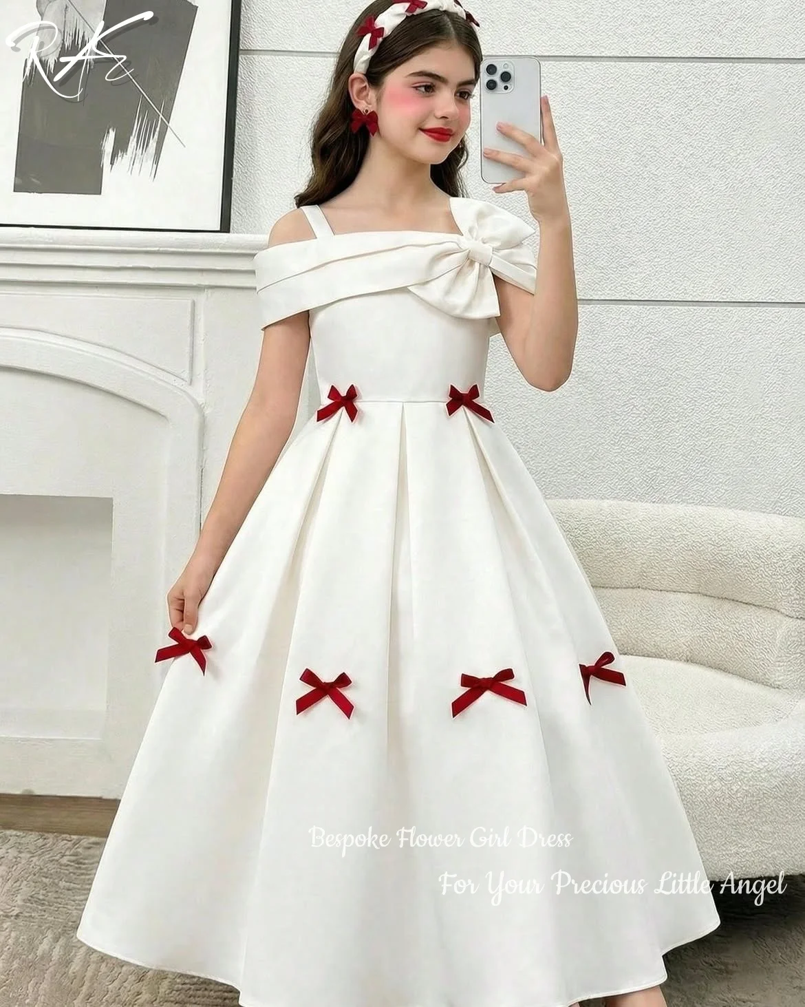 Vestido de niña de las flores Off-White de un solo hombro con lazo grande, de satén, corte A, largo midi, con lazo rojo, para boda, cumpleaños, primera comunión