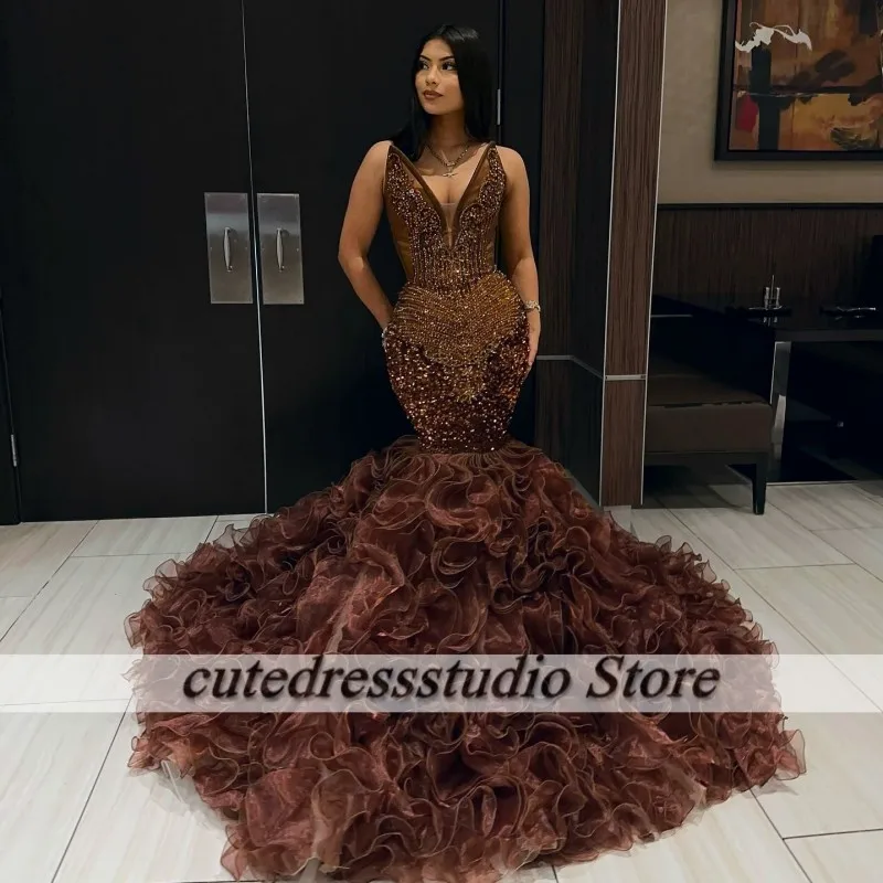 Stunning Brown Prom Dresses For Women 2025 Crystal Rhinestone Mermaid Party Dress Long Ruffles Evening Gowns Customized