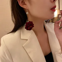 earrings for women 2024 luxury Red Rose earring Flower Pearl Hanging Earrings Retro Fashion long ear accessories Wholesale