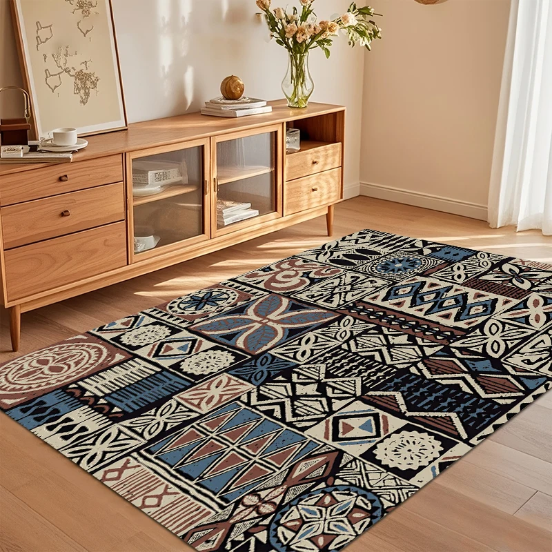 Durable Tribal Patchwork Area Rug with Geometric Pattern in Blue, Brown, and Cream for Bedroom Living Room Playroom Floor Decor