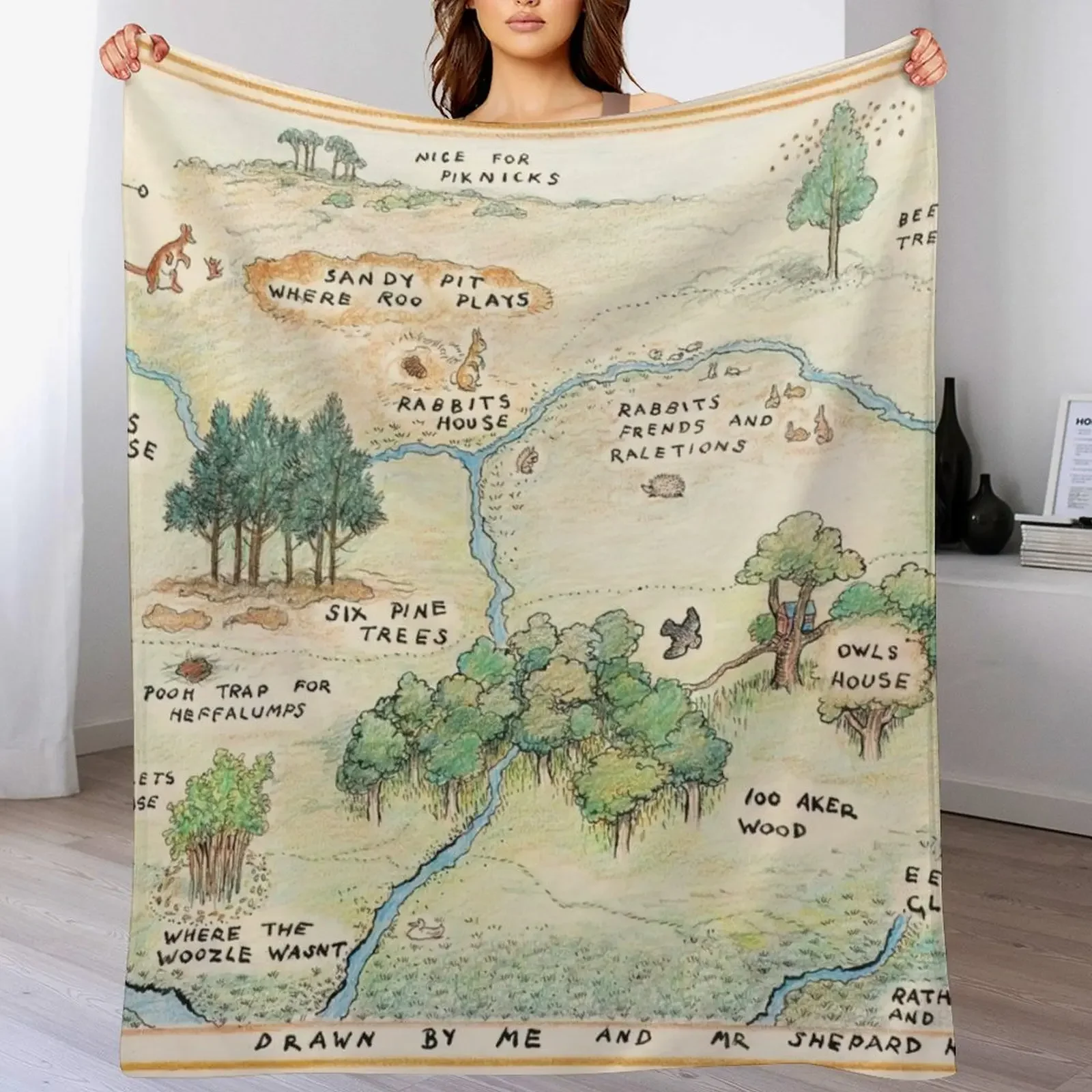 

100 Acre Wood Map by E.H. Shepard Throw Blanket Stuffeds Blankets For Baby Blankets