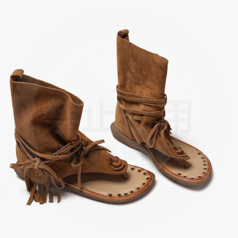 Retro Womens Shoes Luxury Leather Open Toe Summer Boots for Woman Handmade Flat Bottom Ankle Boots Designer Shoes Botas Feminina