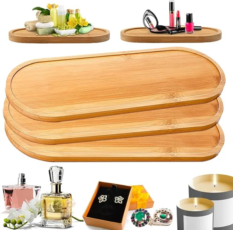 Bamboo Soap Dispenser Tray Vanity Countertop Bottles Organizer Holder Round Square Candles Jewelry Storage Tray for Bathroom