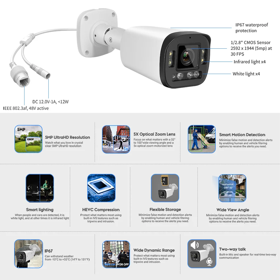 Hikvision Compatible 5MP 8MP 5X Zoom Bullet IP Camera SD Card Slot 2-way Audio Surveillance IP Camera Plug&Play Hik NVR