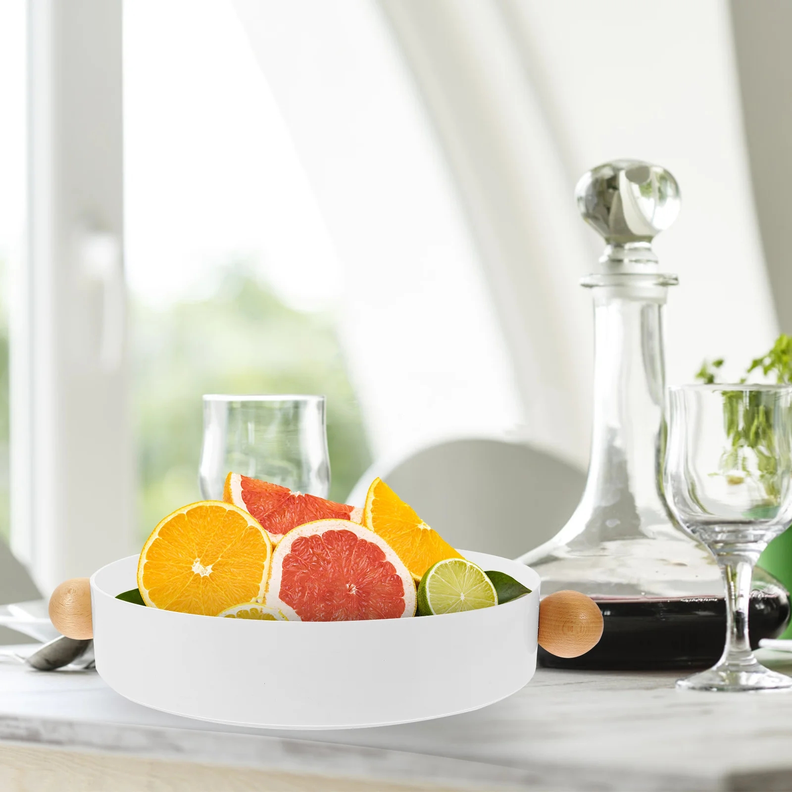 

Round Fruit Snack Serving Tray with Handle Solid Wood Drain Plate for Home Office Desktop Organization Decorative Storage