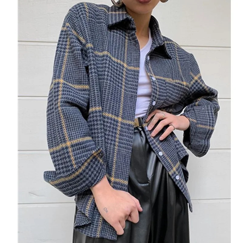 

Navy Blue Plaid Blazer Suit Women Casual Cardigan Style Shirt Blazer Office New Street Fashion Single Commute Suit Breasted