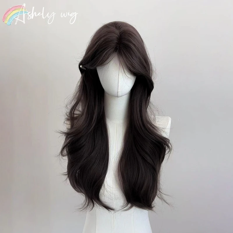 شعر مستعار بني أسود للنساء 24 بوصة شعر مستعار طويل مموج طبيعة المظهر لوليتا لطيف بيروكات صناعية ارتفاع درجة الحرارة الألياف شعر مستعار #2