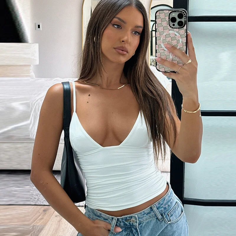 

2025 Summer New Fashionable Street Style Sexy Slimming V-neck Solid Color Versatile Slimming Small Strap Ultra Short Crop Tops