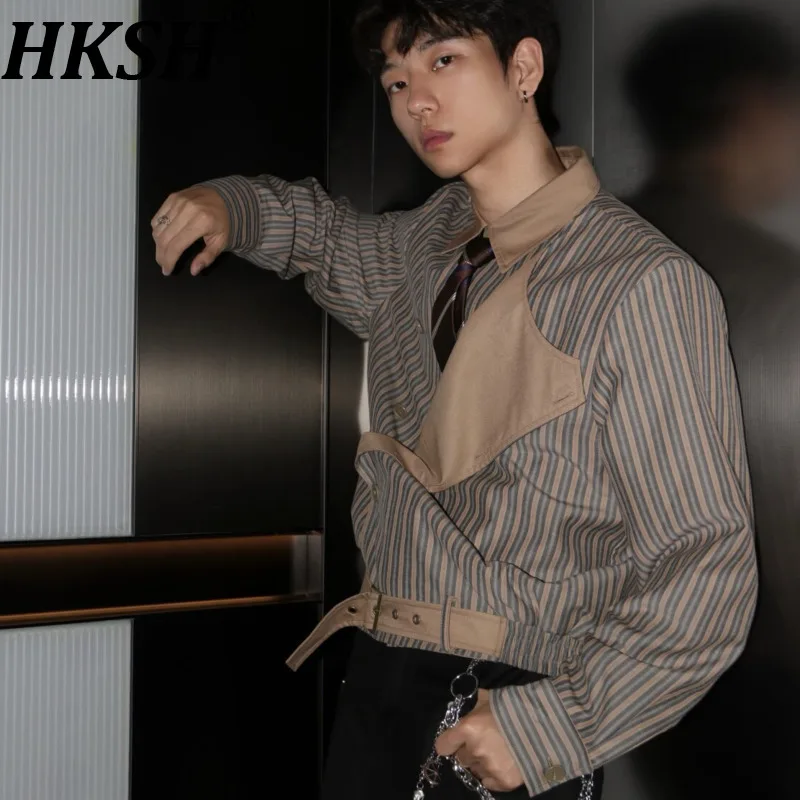 

Рубашка-куртка HKSH в американском ретро-стиле с полосками и пэчворком, весна-осень, новая мужская свободная повседневная рубашка с длинным рукавом, женская рубашка-пальто HK20897