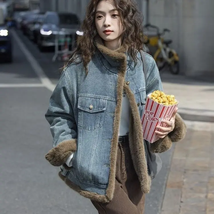 Denim Coats Long Fur Plush Womens Winter Moisture-Wicking Boxy Fit Grunge Style Vacation Travel Anti-Wrinkle Fuzzy Padded Warmth