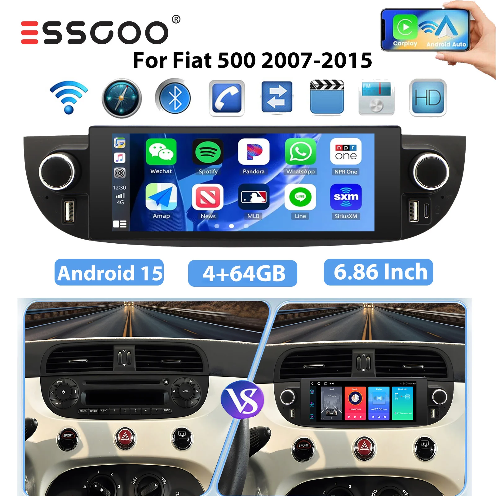 ESSGOO Drahtloses CarPlay Android 15 Autoradio für FIAT 500 Abarth 2007 2008 2009–2015 Multimedia-Bildschirm Stereo GPS Navigation WIFI SWC RDS FM Radio Android Auto