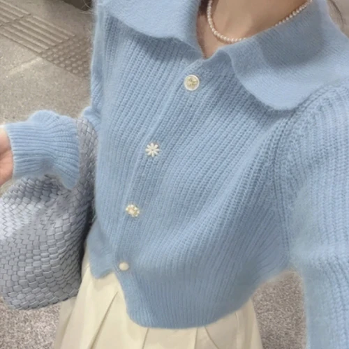 겨울 여성 스웨터 자켓 세련된 빈티지 옷깃 케이블 니트 긴 소매 카디건 지퍼 업 디자인 Sensibility Knit Top