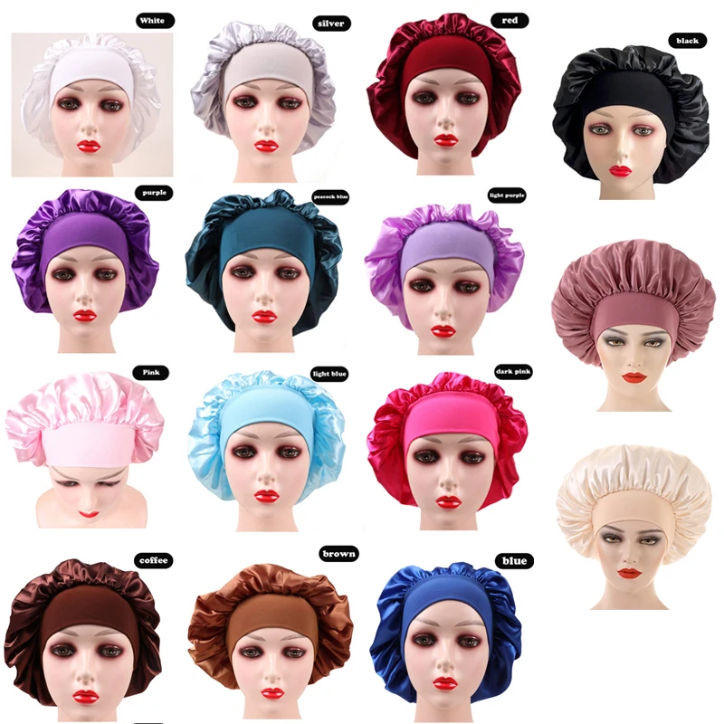 InjHair-Bonnets en Satin Noir pour Femme, Bonnet de Sommeil en Satin pour Cheveux Ronds Bouclés, Baby Showercap Rose