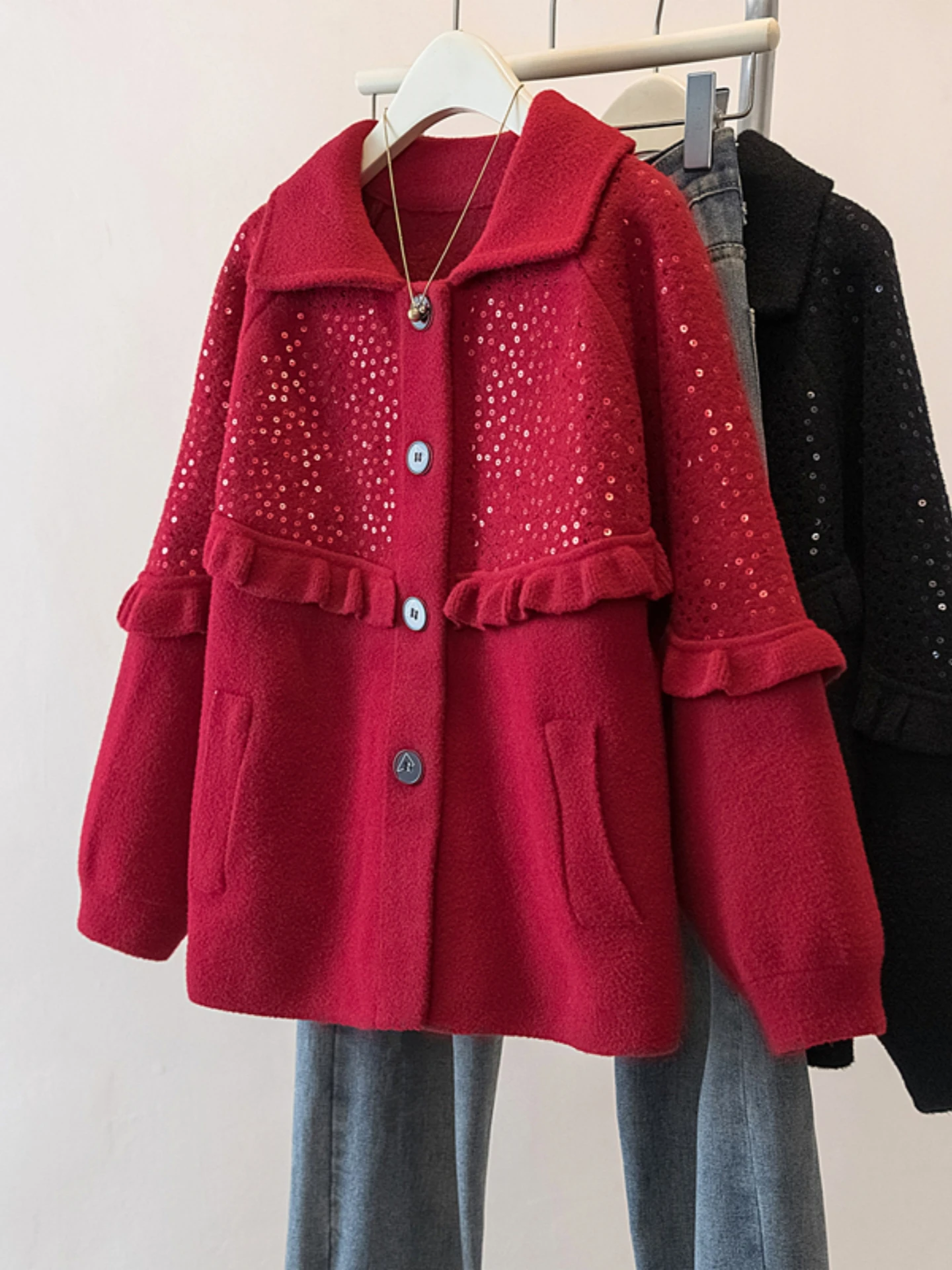 

Red Heavyweight Shiny Sequin Woolen Coat Women's Spring Autumn New Large Size Fat MM Slimming High-End Feel Collar Tweed Coat