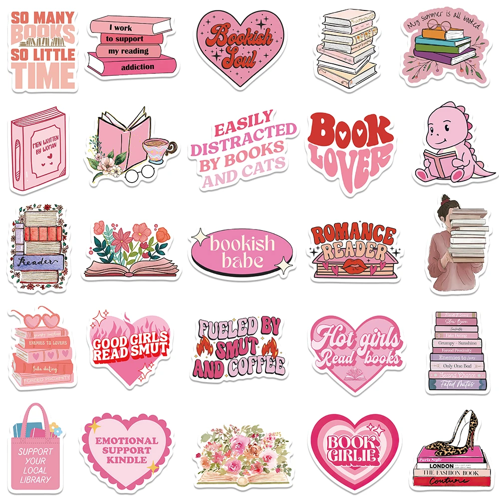 50pcs Cartoon Pink Bookish Stickers Aesthetic Reading Book Stickers Laptop Water Bottle Luggage Phone Waterproof Vinyl Decals