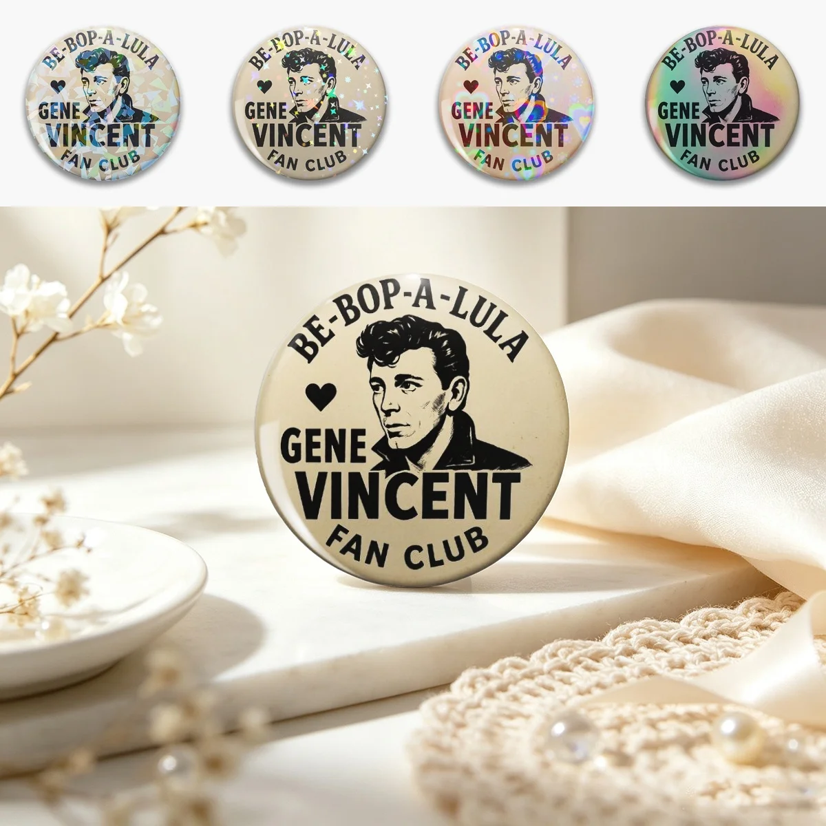 Vintage Volume - Gene Vincent Fan Club Pin Holographic Star Heart Pin Brooches Laminated Button Fashion Accessory