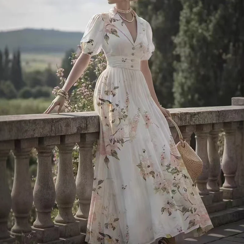 ファッションフラワープリントハイウエストホリデードレス新しい夏のパフスリーブプリーツ女性のドレスカジュアルラペルウエディング大統領ドレス