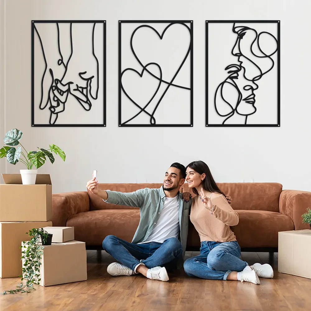 3 Stück/Set Hält Hände/Liebe/Küssen, dekorative Gemälde mit Metalllinie, geeignet für Schlafzimmer, Arbeitszimmer usw. Schöne Gemälde