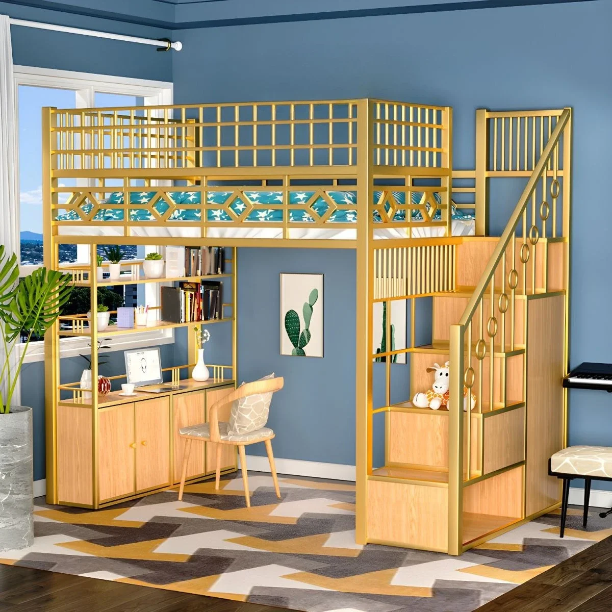 Two Attic Bed Loft Elevated Bed with Bookcase Desk Bookshelf Empty