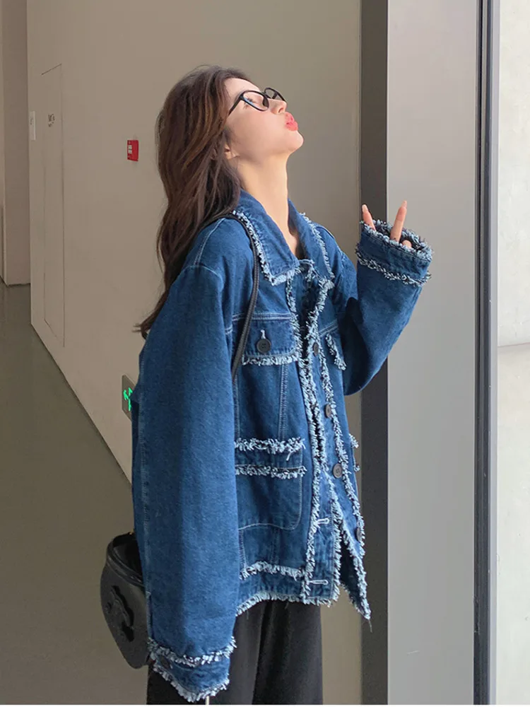 LANMREM Fashion Retro Denim Coat For Women Lapel Single Breatsed Raw Edge Personalized Jacket 2024 Autumn New Clothing 2Z2476