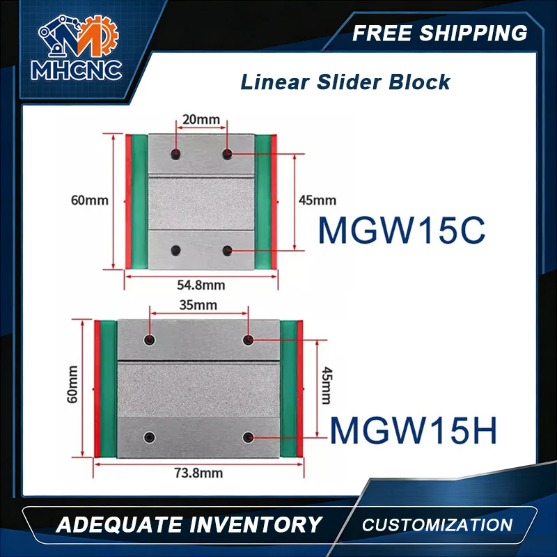 MHCNC 1PC Linear Slider Block MGW7/9/12/15 C/H For Linear Rail Guide CNC 3D Printer Robot Automation Equipment Accessories