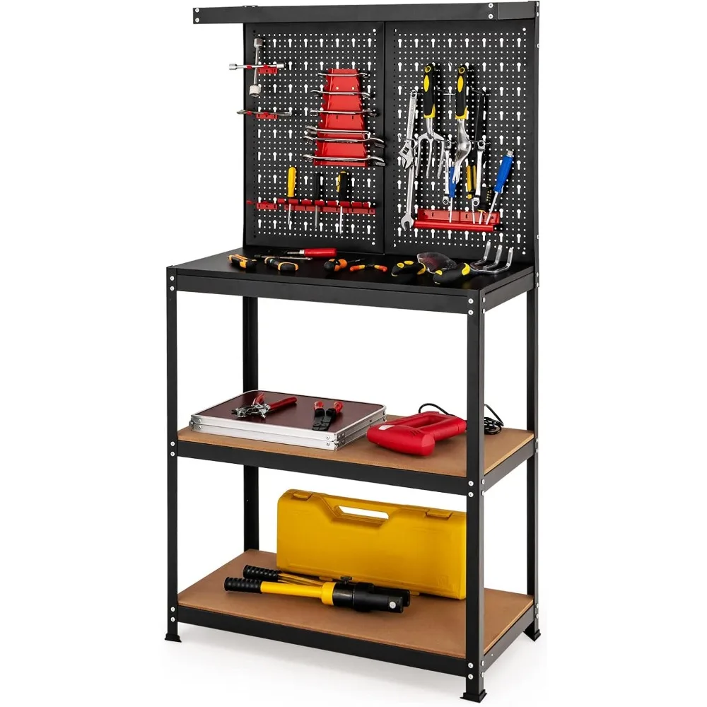 Work Bench, 32" x 16" Metal Workbench with Pegboard, 2 Lower Shelves & 14 Hanging Accessories, Heavy-Duty Steel Tool Bench